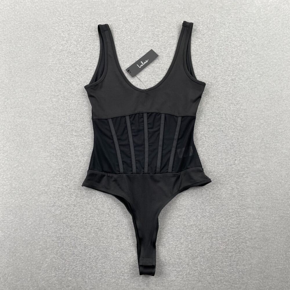 Lulus Mesh Bustier Bodysuit Top Sz S Black Sleeveless Tank Semi-Sheer Going Out